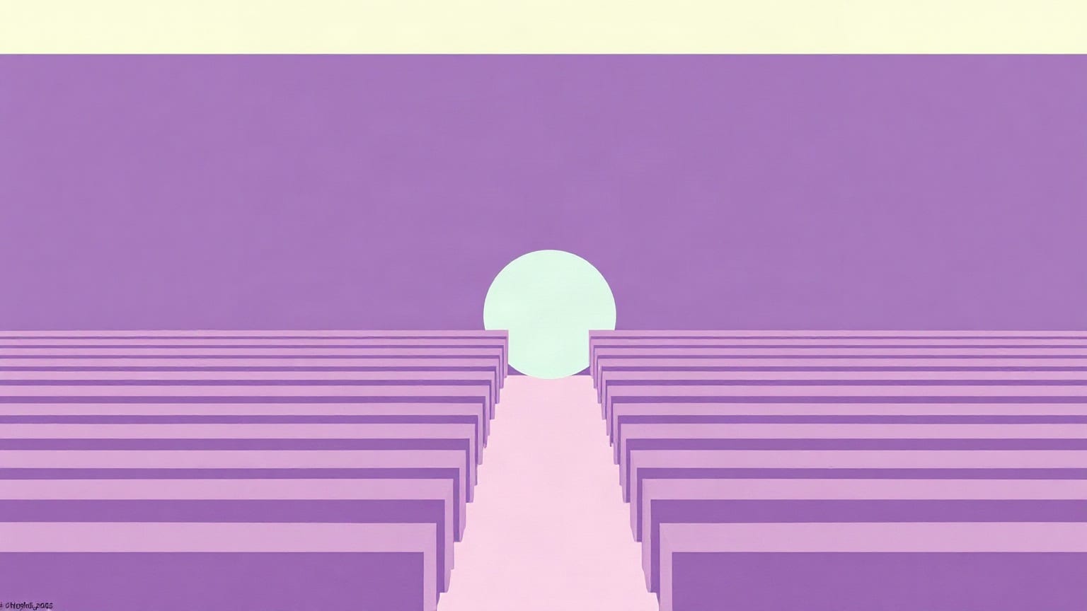 Rows of flat desk shapes in lilac and mint paper receding under a long violet ceiling band
